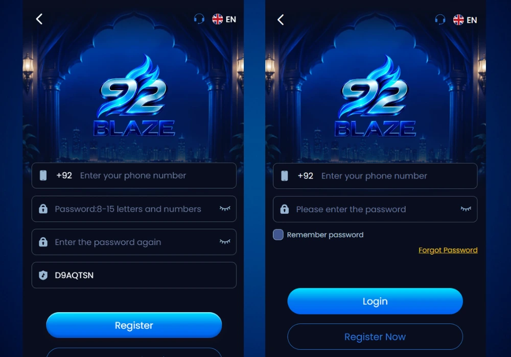 92 Blaze Game registration and account signup screen