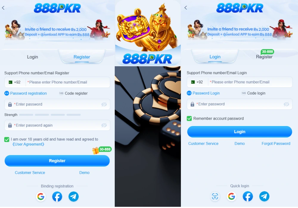 888PKR Game registration page with phone number and password fields