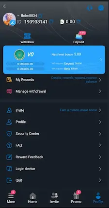 R988 Game profile screen showing deposit withdrawal security and account options