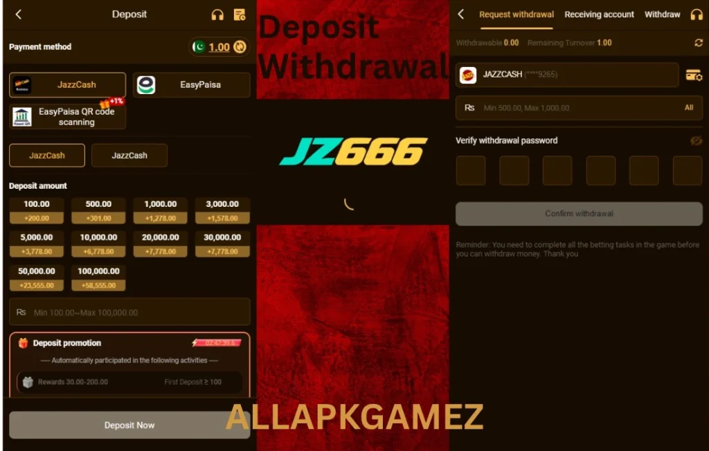 JZ666 Game deposit and payment section