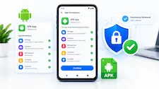 Android APK app permissions screen with security shield and verification ico