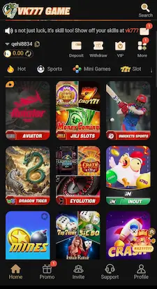VK777 Game home screen with sports slots and mini games