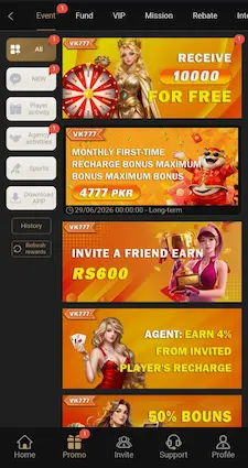 VK777 Game promotion and reward events screen
