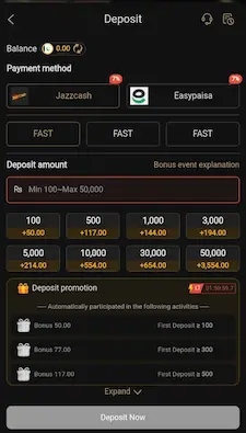 VK777 Game deposit screen with JazzCash and Easypaisa options