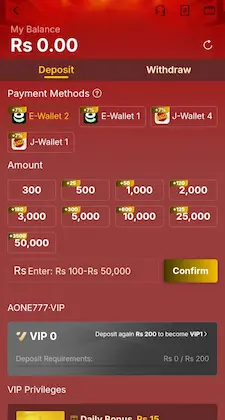 AONE777 Game deposit payment interface