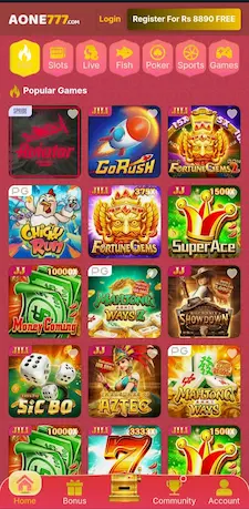 AONE777 Game home screen with gaming categories