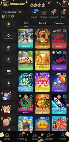 Masti365 Game home screen with multiple gaming categories