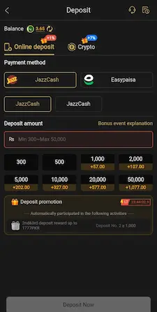 Masti365 deposit screen showing JazzCash Easypaisa Crypto and deposit amount options