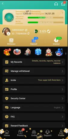 Masti365 account profile screen showing My Records withdrawal Invite and Security Center