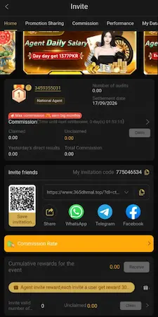 Masti365 Invite and Agent page showing commission invitation code QR code and sharing options