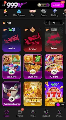 999V Game home screen showing slots cards fishing and mini games