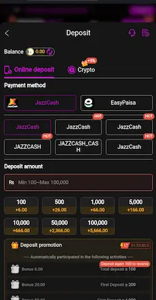 999V Game deposit screen showing JazzCash EasyPaisa and deposit options