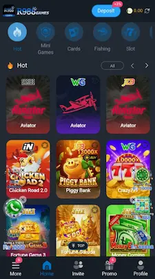 R988 Game home screen showing Hot Mini Games Cards Fishing and Slot categories