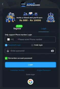 R988 Games login screen with phone number and password fields
