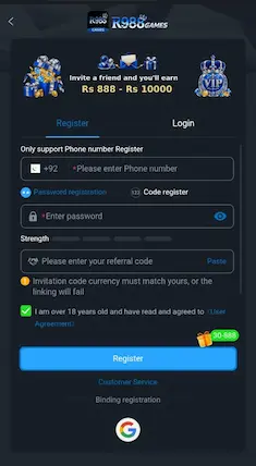 R988 Games registration screen with phone number password and referral code fields