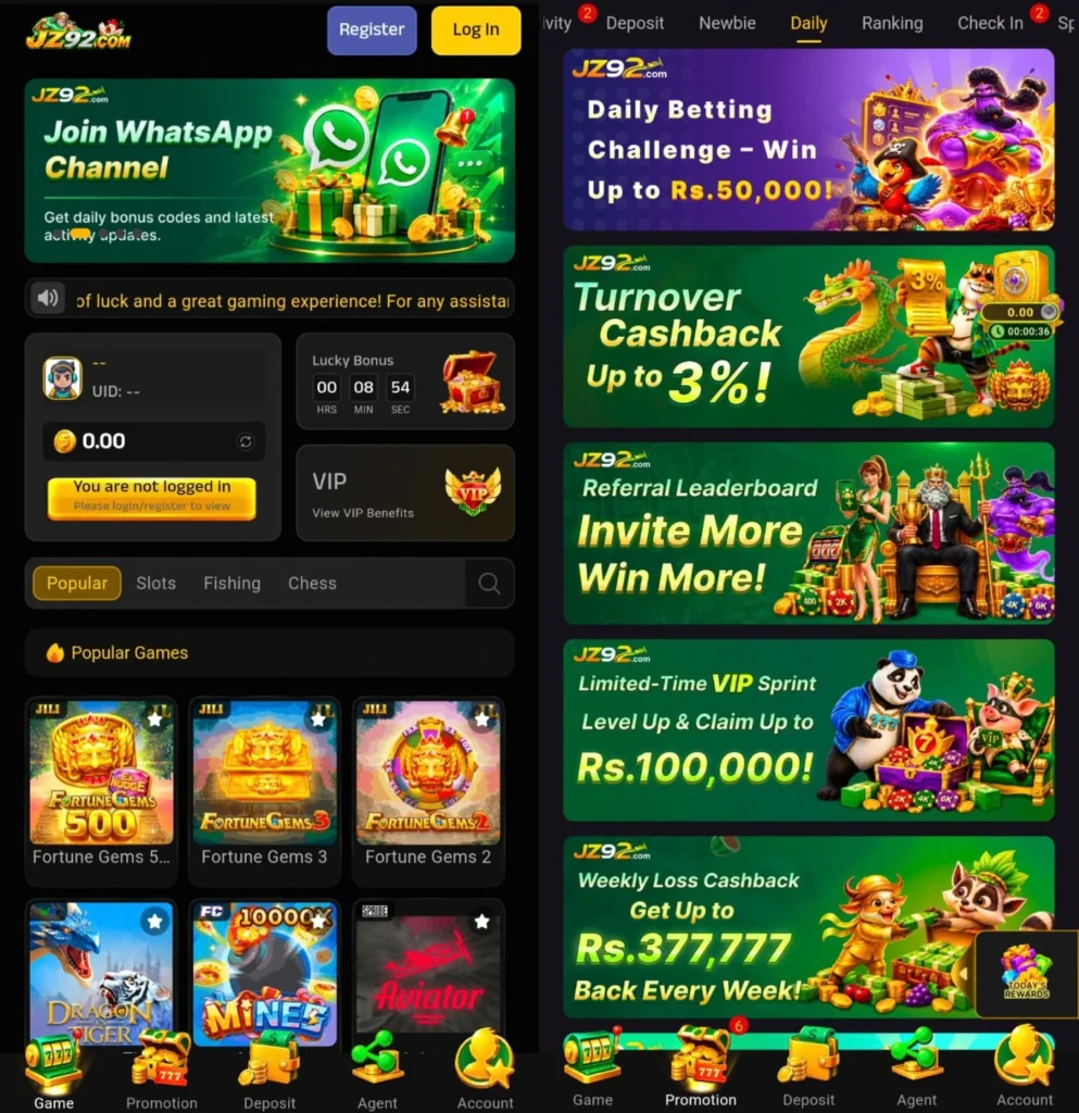 JZ92 Game home page with popular games and navigation