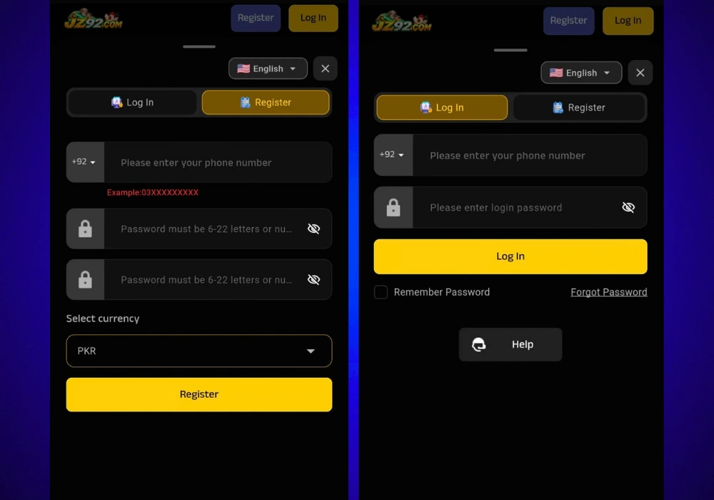 JZ92 Game registration and login screens